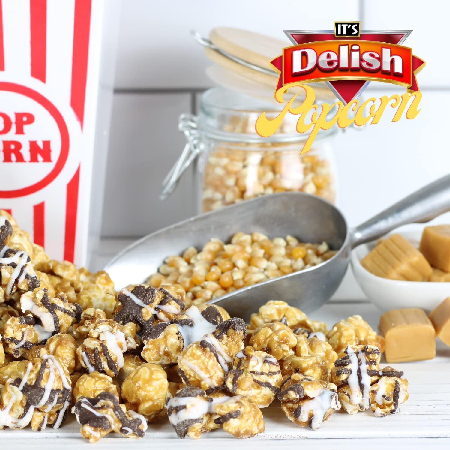 Gourmet Chocolate Zigzag Popcorn by Its Delish, 2 lbs Bulk Bag  Festive Caramel Air Popped Sweet Crunchy White & Dark Drizzle Glazed Carmel Corn Snack, Parties - Gluten Free, Vegan, Kosher
