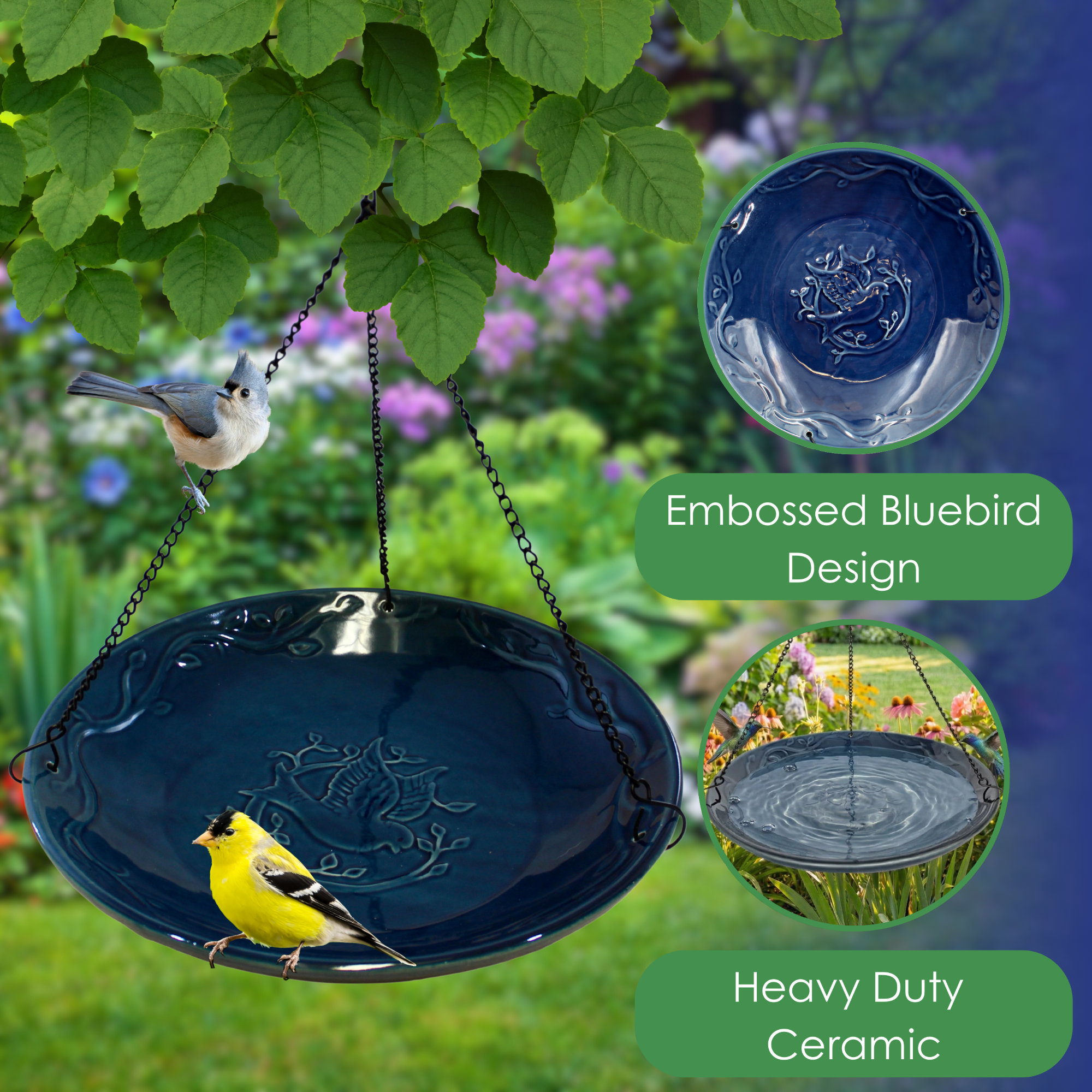 Backyard Essentials Bird Bath Hanging Birdbath Blue Bluebird for Bird Feeders
