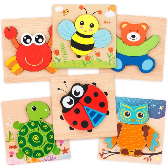 Coogam Wooden Jigsaw Puzzle Set, 6 Pack Animal Shape Color Montessori Toy, Fine Motor Skill Early Learning Preschool Educational Gift Game for Years Old