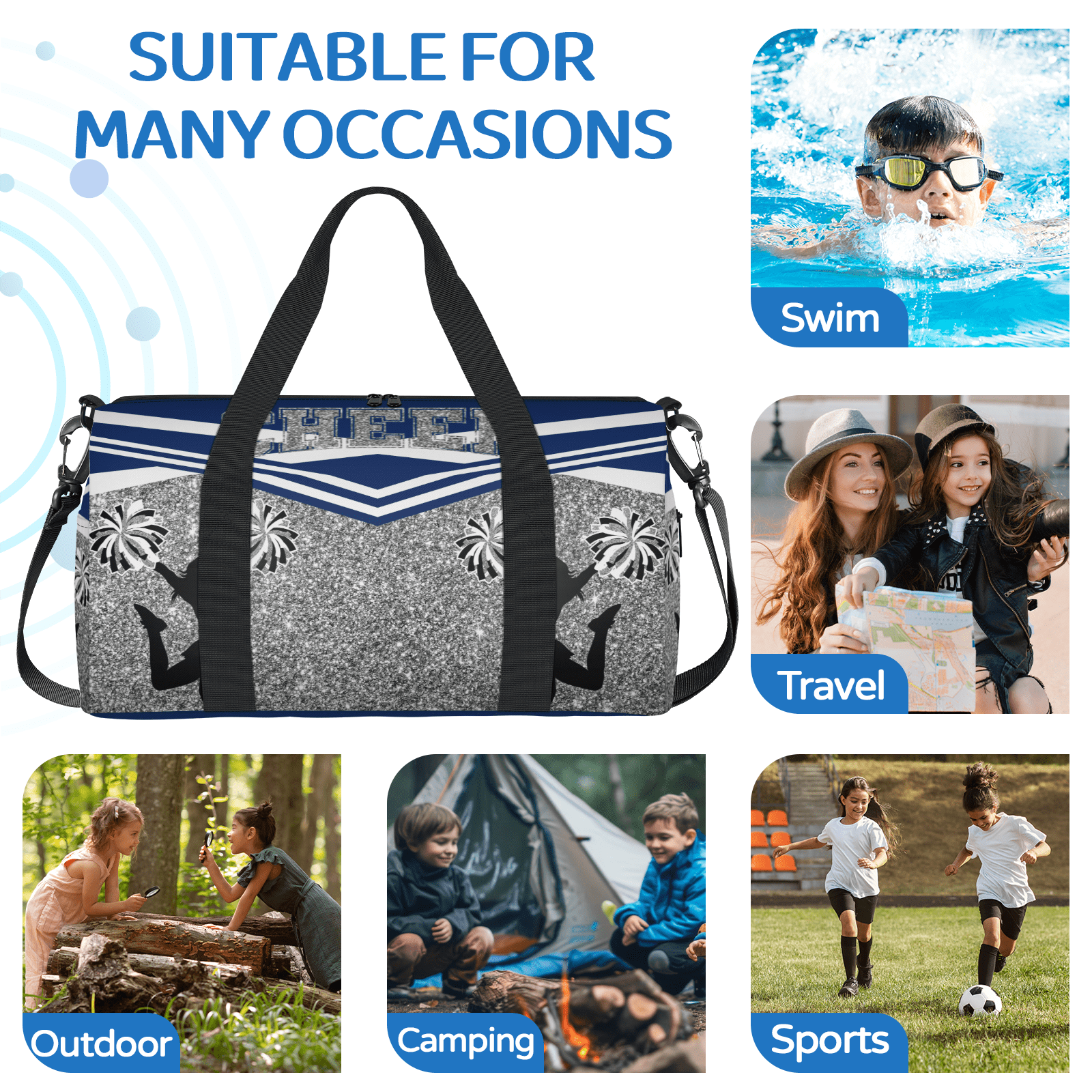Herdesigns Blue Cheerleading Travel Duffle Bag Sports Yoga Weekender Overnight Carry on Workout Bags Lightweight Waterproof Gym Tote Bag for Women