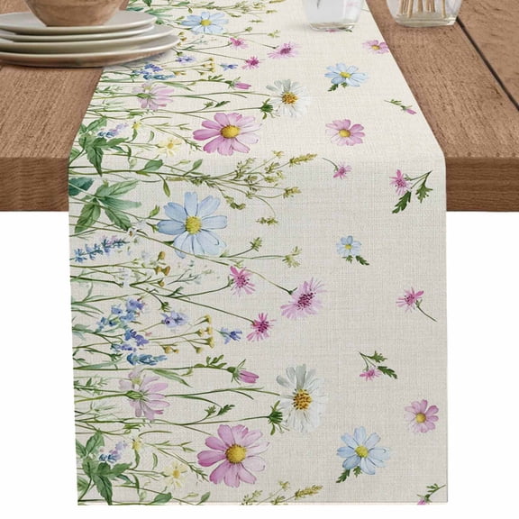 nqOlkjepod Flower Floral Table Runner 90 Inches Long Farmhouse Dress Scarves, Blue Pink Daisy Botanical Countryside Dining Tablerunner for Coffee Table/Kitchen Island/Party Décor, 13" x 90"