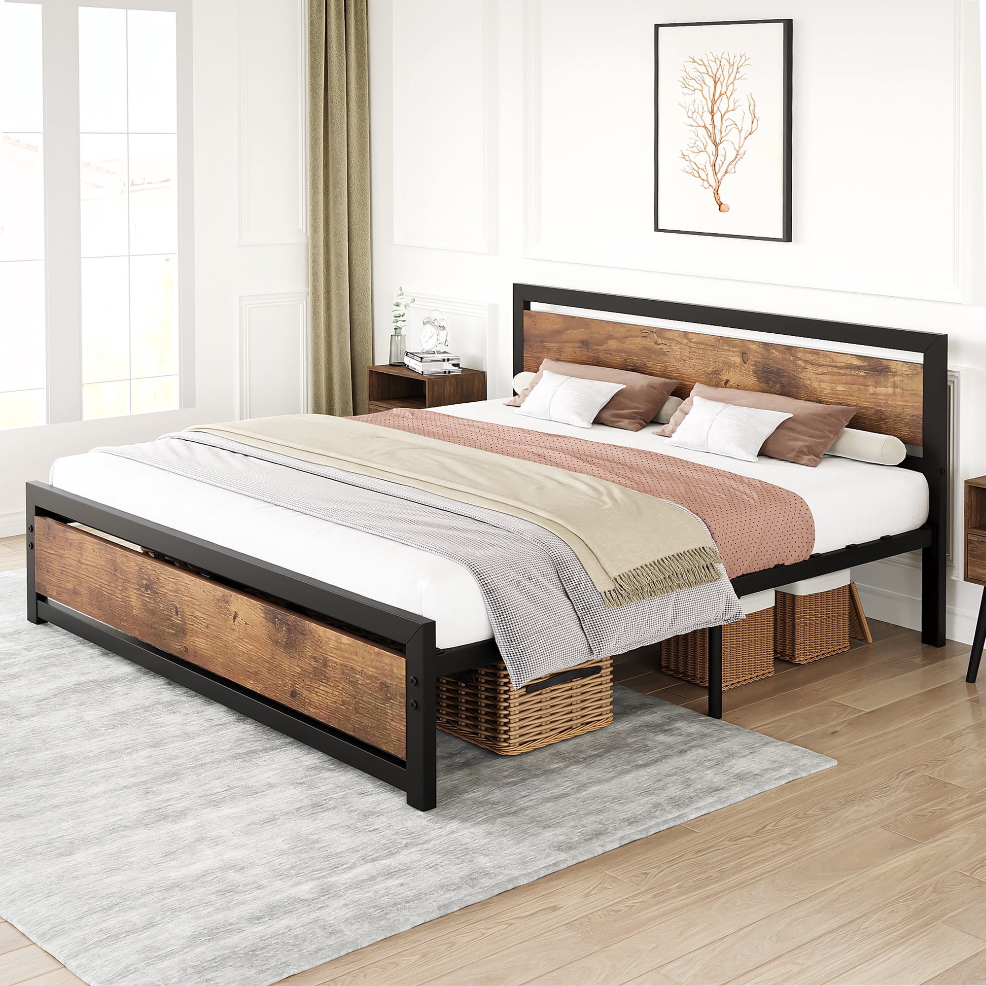 Industrial King Size Platform Bed Frame with Rustic Wooden Headboard – 14 Inch Heavy Duty Metal Support, Large Underbed Storage, Easy Assembly, Noise-Free, No Box Spring Needed King bed