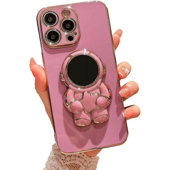 Compatible for iPhone 14 Pro Max 6.7 Inch 6D Plating Astronaut Hidden Stand Case, Cute Stand and Plated Phone Case for Women Girls Men Soft TPU Shockproof Back Cover - Purple