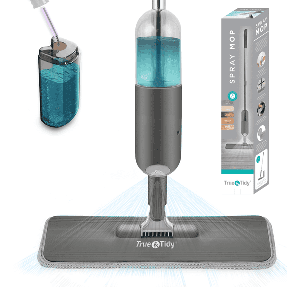 True & Tidy Clean Everywhere Spray Mop Kit for Floor Cleaning, Multi-Surface Wet & Dry Mop Kit with Reusable Microfiber Pads, Squeegee, and Refillable Bottle for Hardwood, Laminate & Tile, Gray