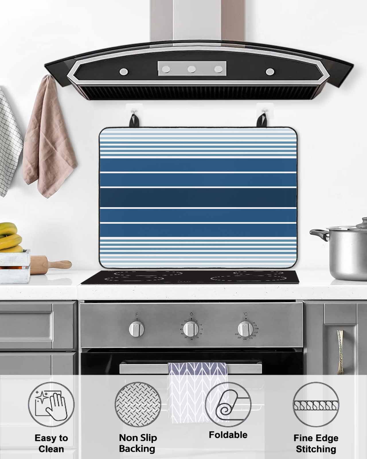 nqOlkjepod Large Induction Cooktop Protector Mat 36"x21", Navy Blue Ombre Stripe Stove Top Covers for Electric Stove, Farmhouse Striped Gradient Stove Burner Cover Mats, Glass Top Stove Cover