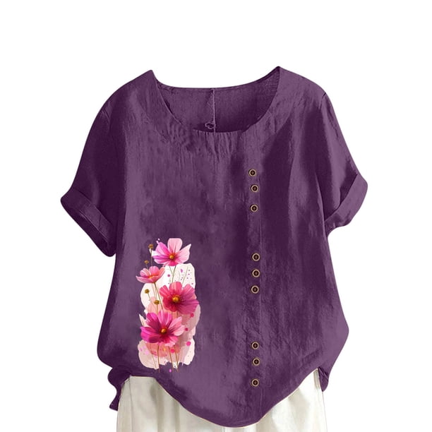 Camisetas de Manga Corta para las Mujeres Impreso Botón de Manga Corta Camiseta Blusa Poliéster, Ropa Casual Mirar Superior para las Mujeres