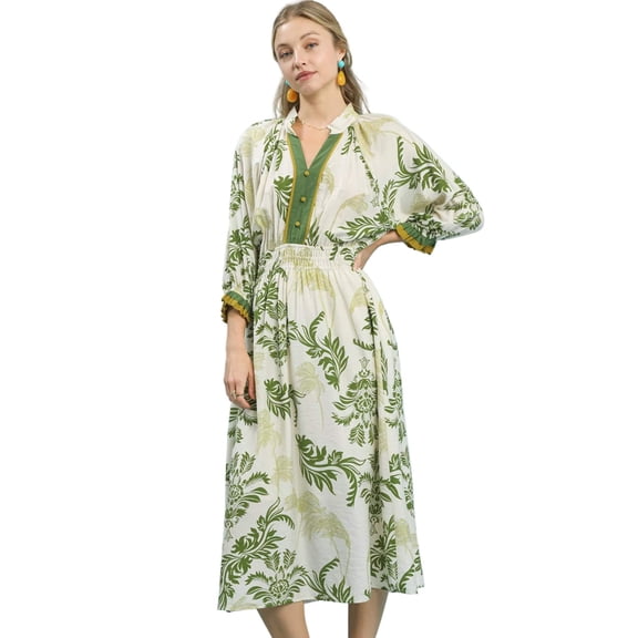 Umgee Tropical Print Button Detail Midi Dress