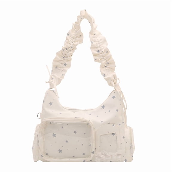Y2K Beige Star Nylon Shoulder Bag, Large Capacity Lightweight Underarm Purse, Portable Top-handle Bag with Inner Pocket for Women Commute Daily Casual Matching