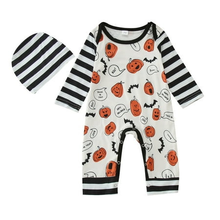 

My First Baby Boy Girl Outfit Pumpkin Print Jumpsuit Stripe Romper Cute Clothes With Hat Newborn Essentials 12-18 Month Girl Clothes Halloween Baby