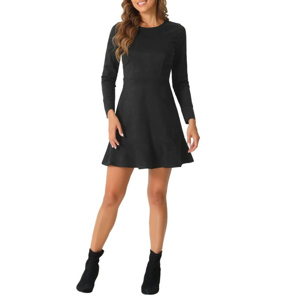 Vestido elegante de manga larga con volantes de cuello redondo de ante sintético para mujer INSPIRE CHIC XL negro