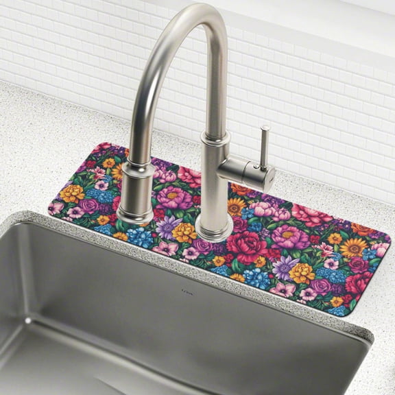 Yayeee Faucet Mat for Kitchen Sink 14.7" Diatomite Long Splash Guard Pad, Charming Floral Pattern