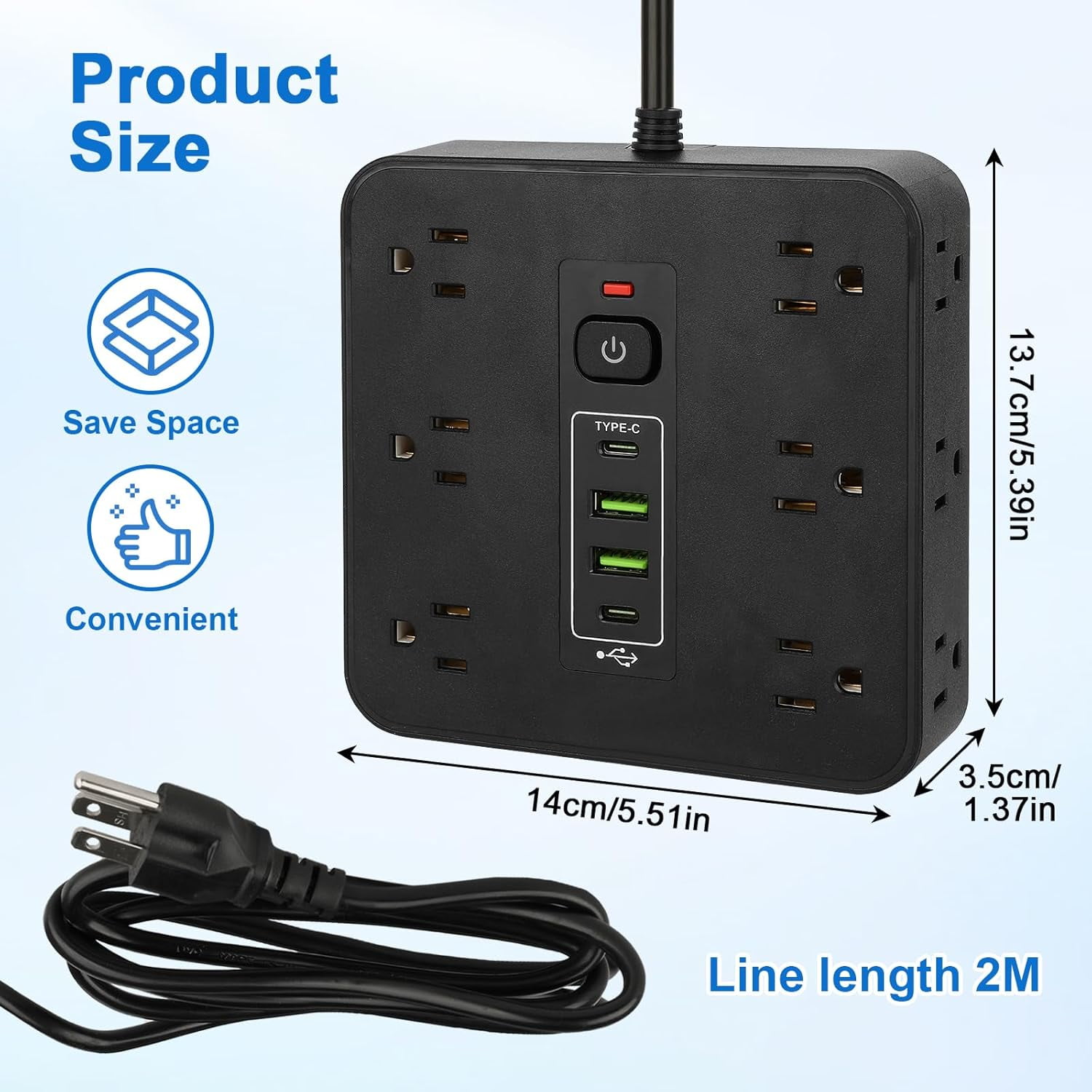 16-in-1 Power Strip with Switch & Surge Protection, 6.5FT Flat Plug Power Strip Surge Protector with 12 Outlets 2 USB & 2 Type-C Ports for Home Office