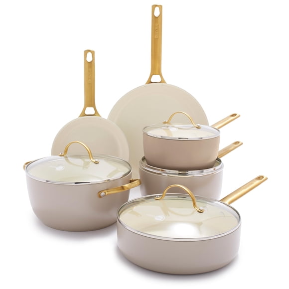 GreenPan Reserve Juego de utensilios de cocina de 10 piezas, antiadherente de cerámica saludable anodizado duro, no tóxico, sin PFAS, mango dorado de acero inoxidable, tapas de vidrio, apto para lavav