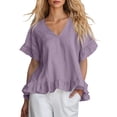thumbnail image 2 of ClodeEU Women's V Neck Short Sleeve Blouse with Ruffle Hem, Casual Loose Fit Flowy Top Purple,Women's Plus L, 2 of 6