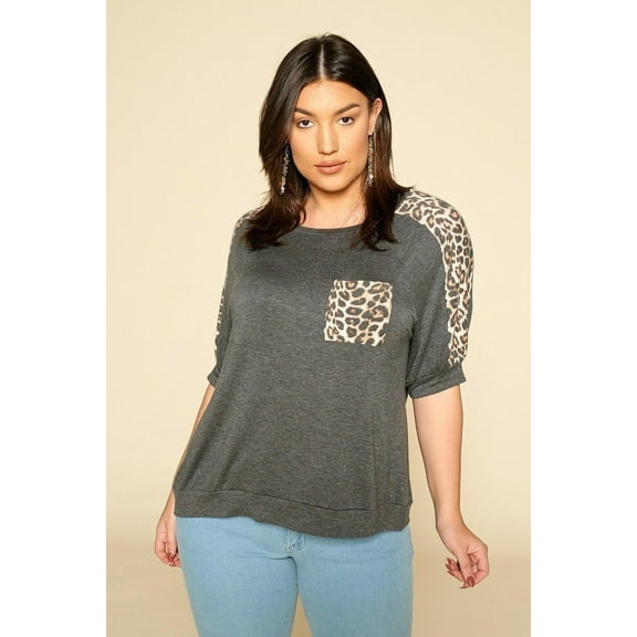 Plus Size Cute Animal Print Pocket French Terry Casual Top