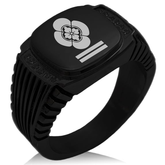 Stainless Steel Mikumo Samurai Crest CZ Ribbed Needle Stripe Pattern Biker Style Polished Ring
