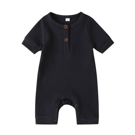 

Franhais Baby Short Sleeve Romper Knit Ribbed Cotton Jumpsuits One Piece Button Pajamas Playsuit
