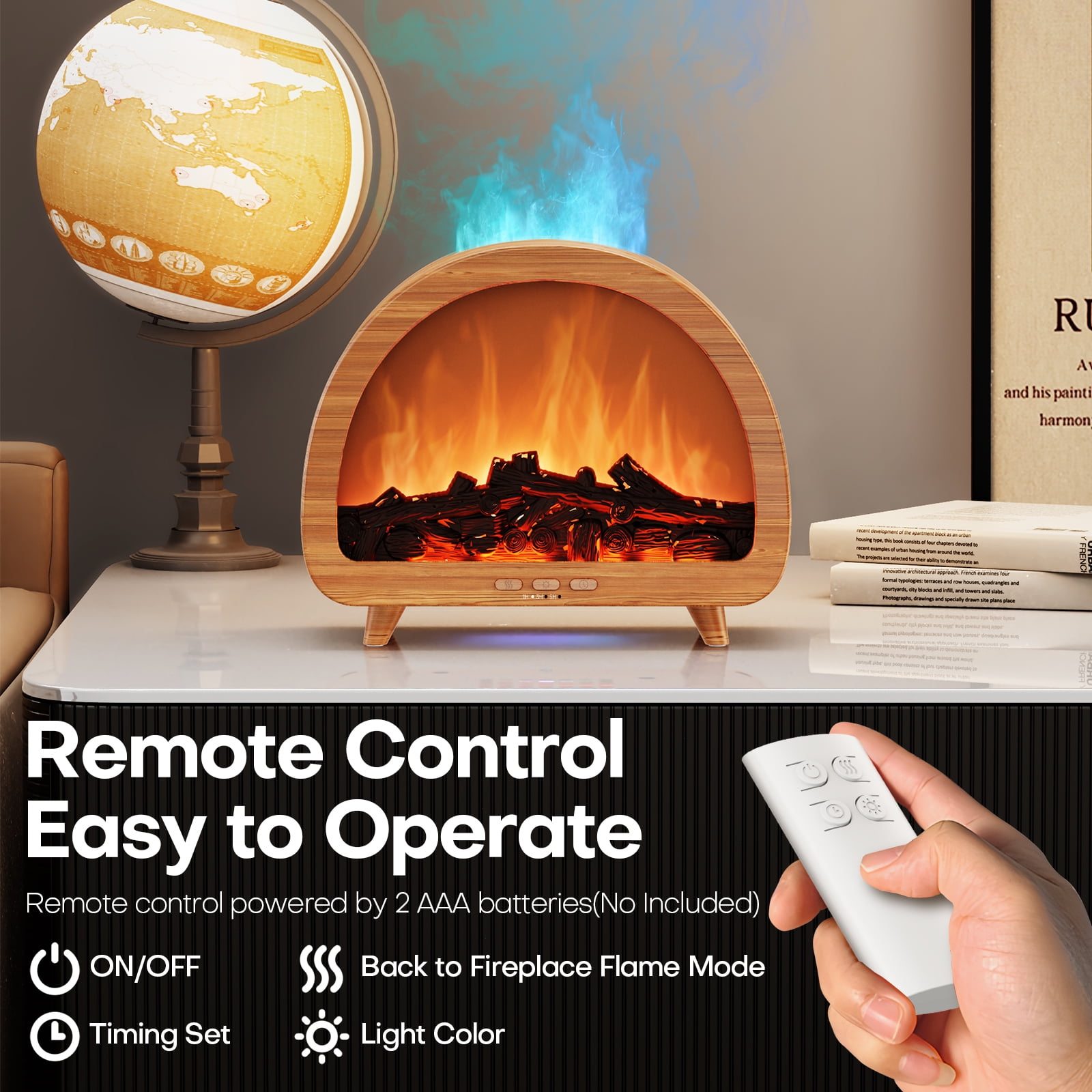 Diffuserlove USB fireplace flame humidifier, an essential oil diffuser with remote control and timer, can be set to turn off, 7 types of lights, suitable for home, bedroom and office