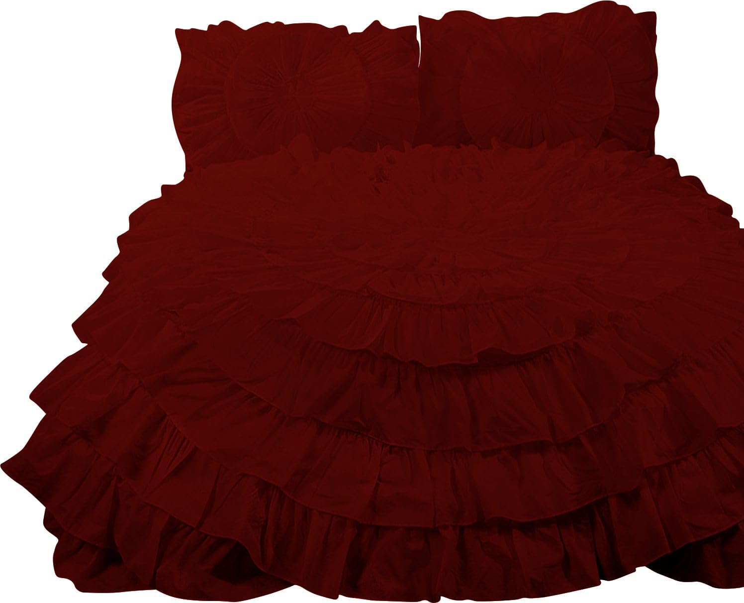 D.N.G. BEDDINGS 1 Piece 100% Egyptian Cotton Circle Ruffle Comforter, 550 GSM Filled Microfiber - Full/Queen Size, Burgundy Color - 800 Thread Count