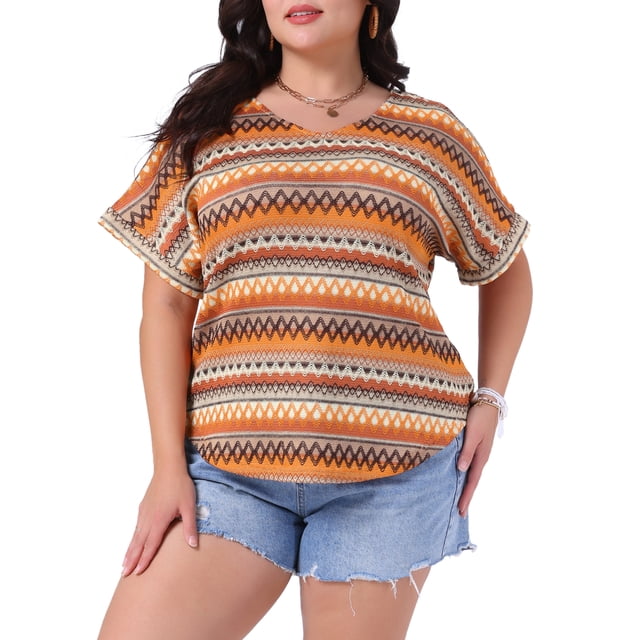 Blusas Casuales de Talla Grande para Mujeres GRACE & GRANDEUR, Tops Boho con Estampado Geométrico, Manga Murciélago, Cuello en V, 2X Naranja