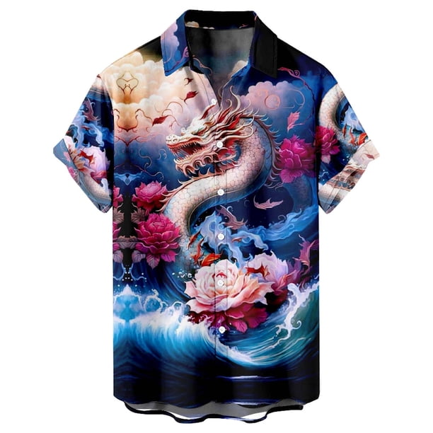 Mens Manga Corta Botón Abajo Camisas Casual Moda Turndown Cuello Blusa de Impresión, Poliéster para el Uso Diario de Verano