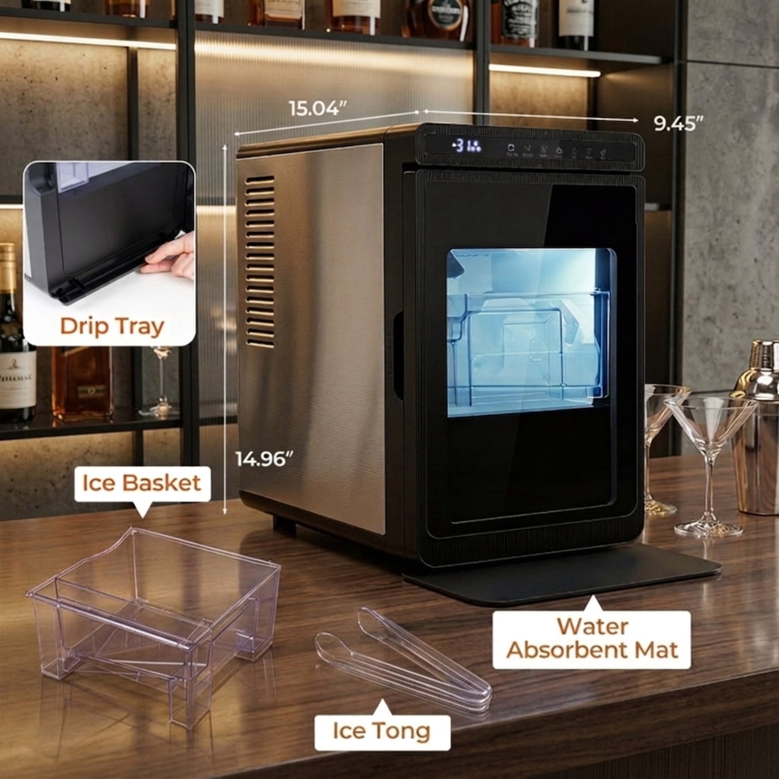 RUIE Clear Ice Cube Maker Countertop, 1.6 Inch Large Square Ice Machine 26 lbs/Day Self-Cleaning for Home Bar Kitchen Office, Silver