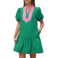 thumbnail image 5 of Short Sleeve Women Color Block V Neck Ruffle Mini Dress, 5 of 6
