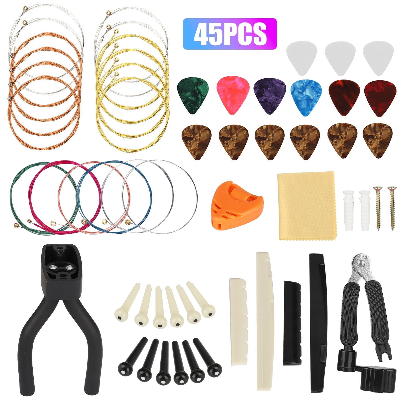 TSV Guitar Accessories Kit, 45Pcs Guitar Tool Replacement w/ Guitar Strings, Guitar Picks, Guitar Nut/Saddle, 3-in-1 Restring Tool, Guitar Hanger, Bridge Pin for Acoustic/Electric Guitar, Bass, Banjo