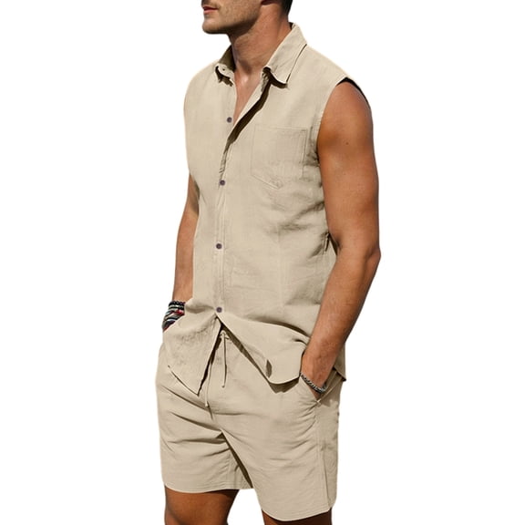 Yopmin Men Linen Sets 2 Piece Button Up Sleeveless Shirt and Shorts Set Loose Fit Linen Outfits for Vacation Daily Wear