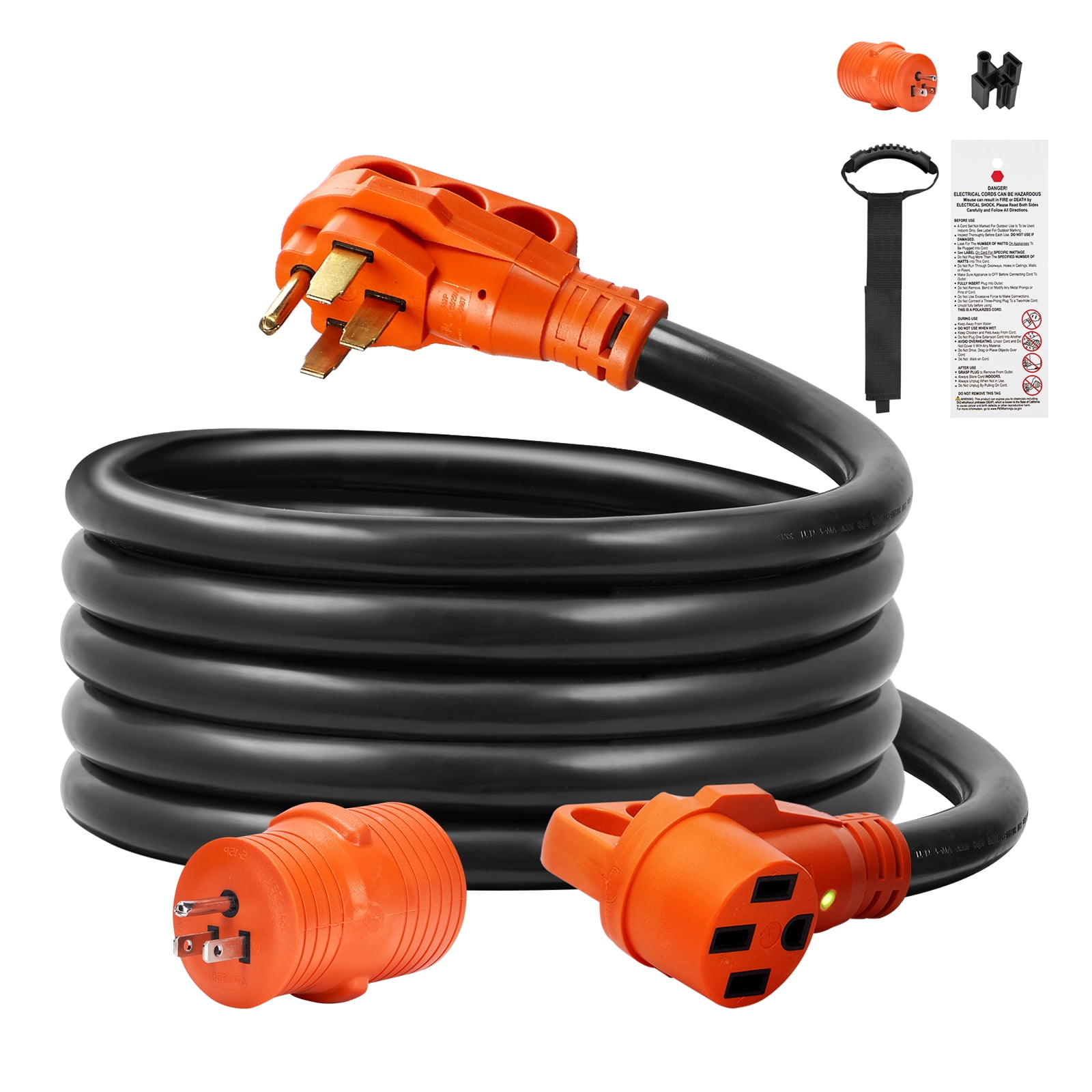KFFKFF 15 ft Extension Cable for RV, 50 Amp, Robust STW RV Electrical Wire, NEMA 14-50R Female NEMA 14-50P Male Connector, with LED Signal Handle 15A Adapter, Suitable for RVs, trams