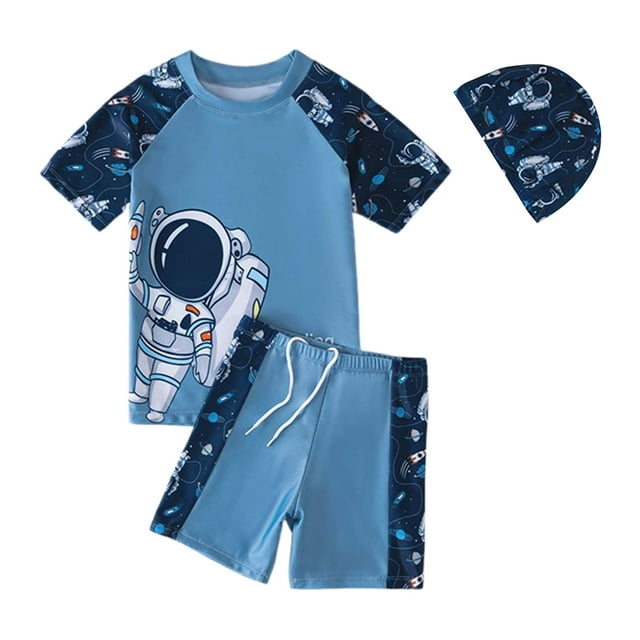 MIASHUI Boys Two Piece Rash Guard Swimsuits Kids Short Sleeve Bathing Suit with Sun Hat,Navy,3-4 Years