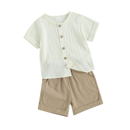 

Co.MMehjri Tollder s Summer Clothes Set Round Neck Short Sleeve Button Down Tops + Elastic Shorts with Pocket 2 Piece Outfits for Baby Boys