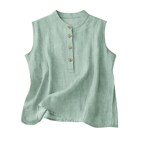cocolona Womens Summer Linen Tank Tops Button Crew Neck Sleeveless Shirts Casual Solid Color Lightweight Blouses
