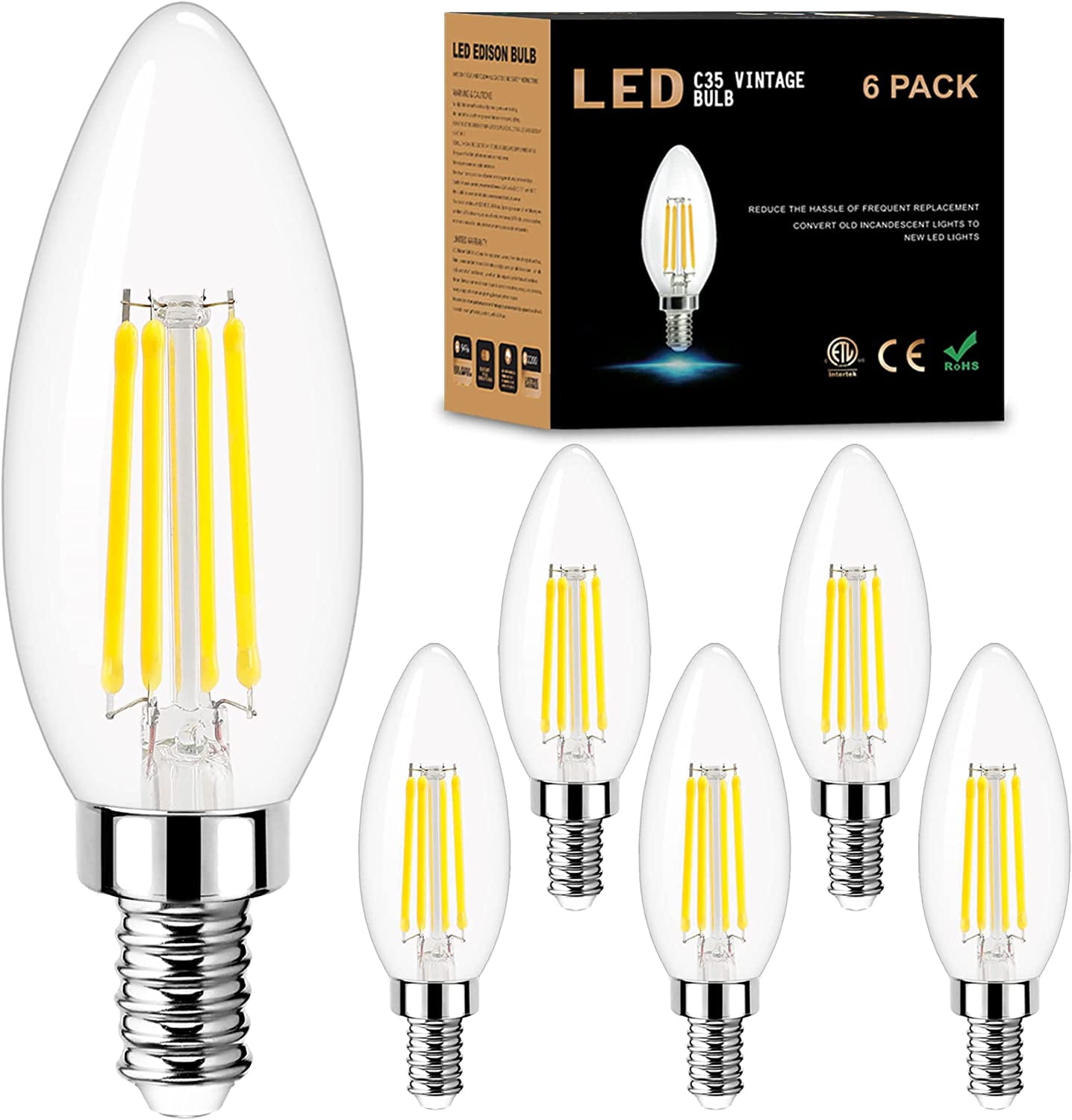 Candelabra LED Bulbs Filament Dimmable Edison Light Bulb Chandelier,Daylight 5000k,40 Watt Lumen,E12 Base,6 Pack - Walmart.com