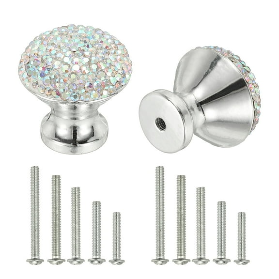 Uxcell Drawer Knobs,2Pcs 1.1 Inch (28mm)Diameter Bling Diamond Decoration Cabinet Knob, Round Rhinestones Pull Handle with Screws for Home, Office, Kitchen (White Base   AB Diamond)