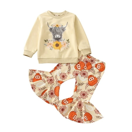 

Gwiyeopda Toddler Baby Girl 2Pcs Fall Outfits Long Sleeve Cartoon Cow Print Pullover Tops and Flare Pants Set