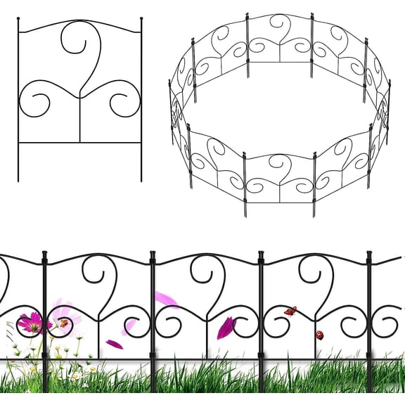 Decorative Garden Fence Animal Barrier, 10 Pack Rustproof Black Metal Fence Panels, No Dig Scroll Design, 16.5in(H) x 10.5ft(L) Outdoor Fencing for Flower Beds, Yard, Patio