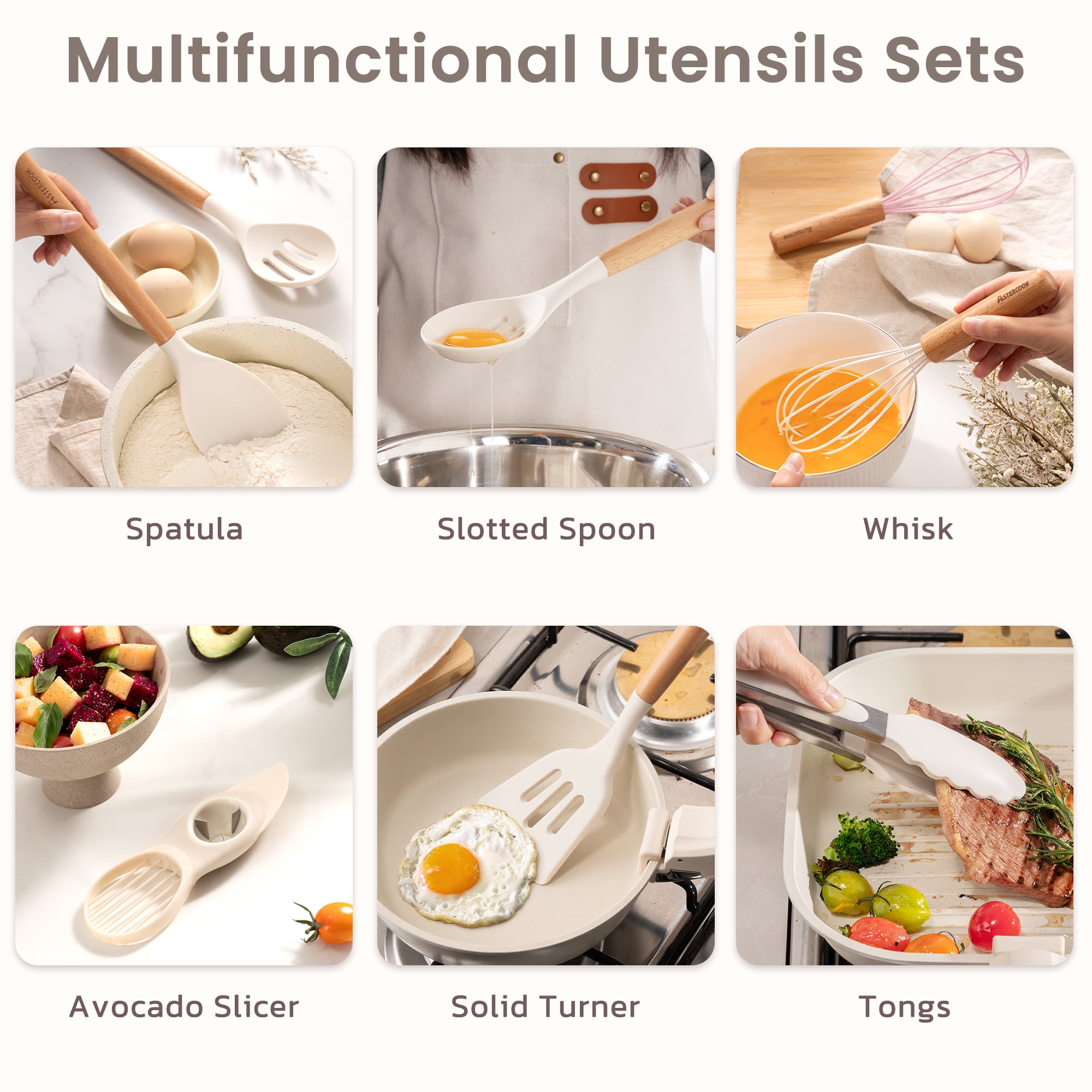 Astercook Silicone Cooking Utensils Set, 38 PCS Kitchen Utensils Set for 446°F Heat Resistant, Food Grade Utensil Sets with Wooden Handle, Kitchen Gadgets for Nonstick Cookware BPA Free (White)