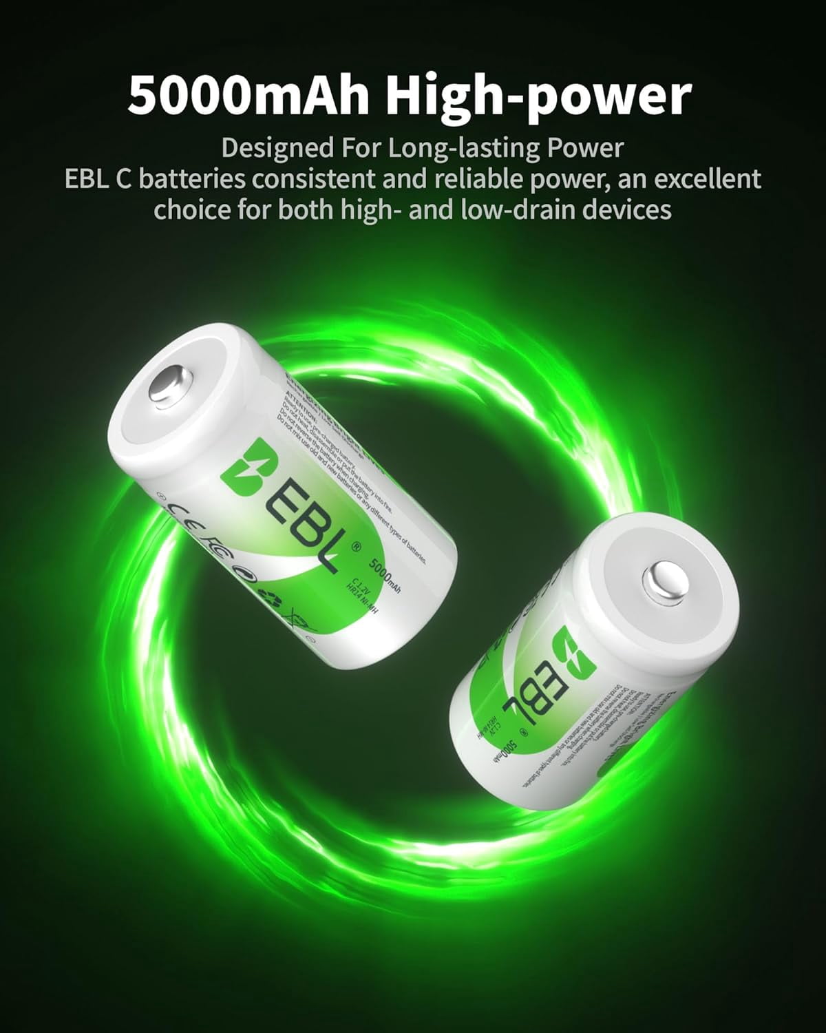 Recharable C Batteries, 5000mAh Ni-MH High Capacity Cell Battery New Retail Packa, Pack of 4