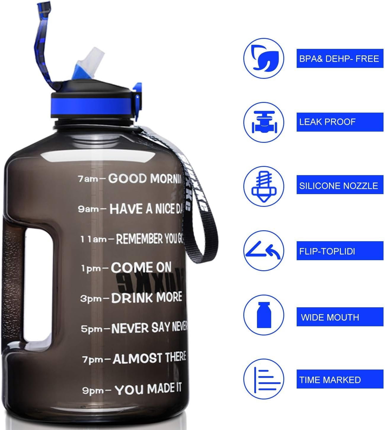 1 Gallon Motivational  Water Bottle with Time Marker,  128oz Leak Proof Jug, Black, Plastic, 128 ounces, Fitness, , Outdoor Activities
