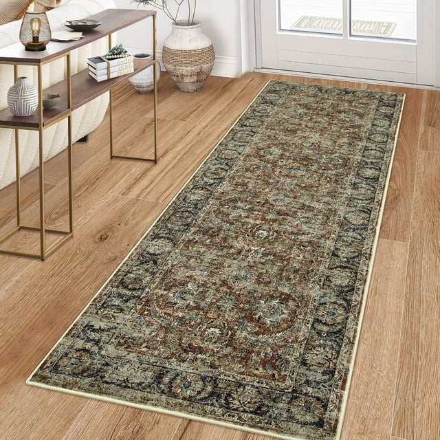 YUSAZENS 2x6 Vintage Washable Runner Rug Non-Slip Low Pile Stain Resistant Contemporary Indoor Soft Carpet for Hallway Kitchen Red