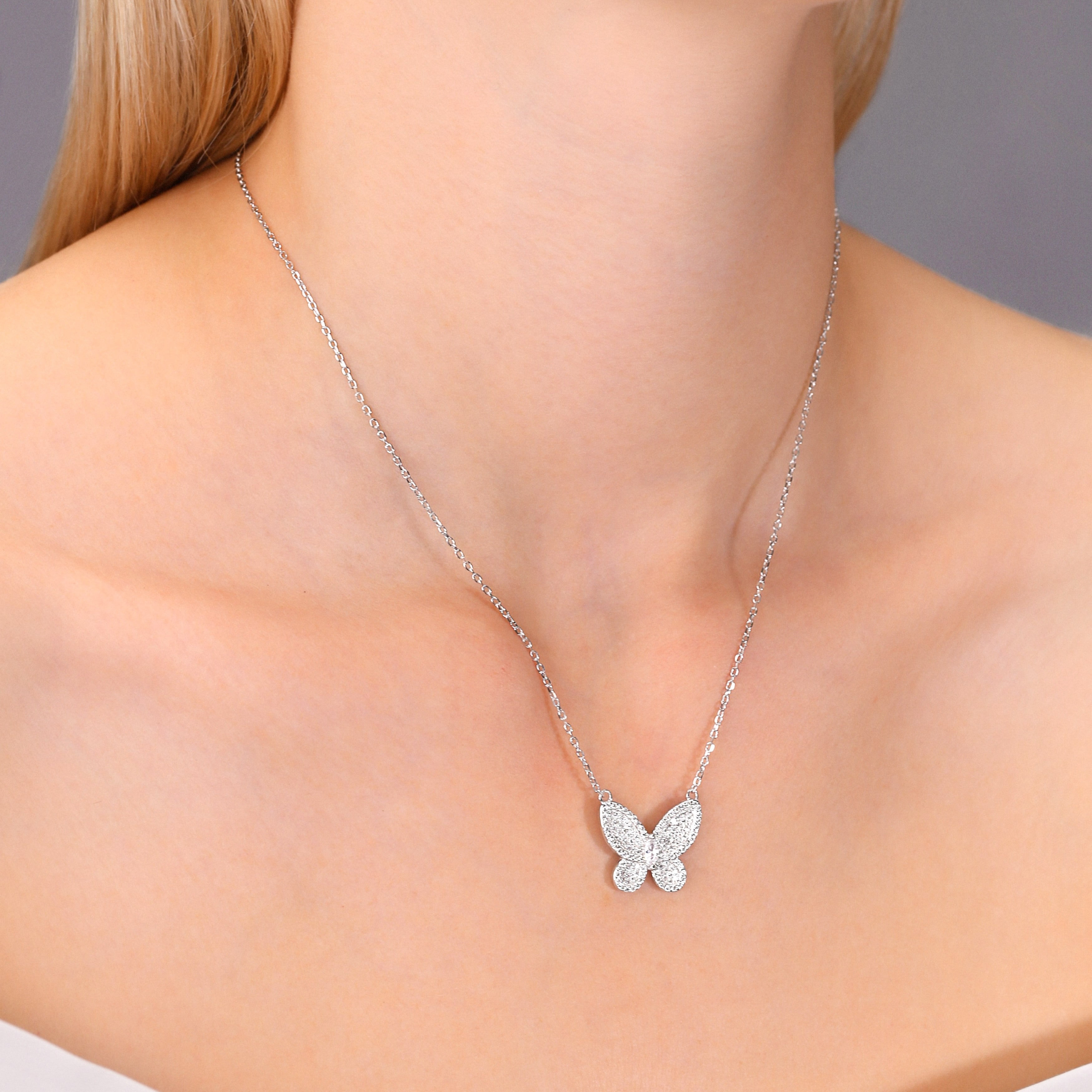 Tilo Jewelry Solid 925 Sterling Silver Pave Butterfly Pendant Necklace with Cubic Zirconia CZ Stones | Women & Unisex | Adjustable 16 Inch to 18 Inch Cable Chain