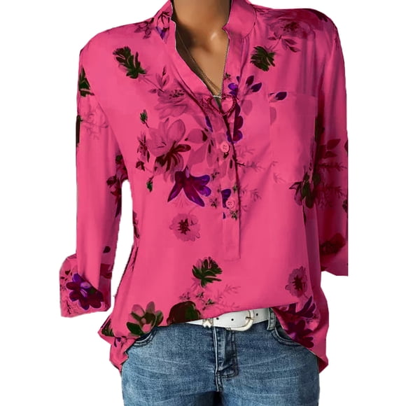 U.Vomade New Fashion All-match Printed Long-sleeved Shirt Women's Loose V-neck Design Shirt Large Size Casual Commuter Temperament Women's Top
