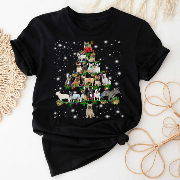 French Bulldog Christmas Tree T-Shirt, Funny Dog Lover Gift, French Bulldog Christmas Lights Shirts, Christmas Shirts for Women Men