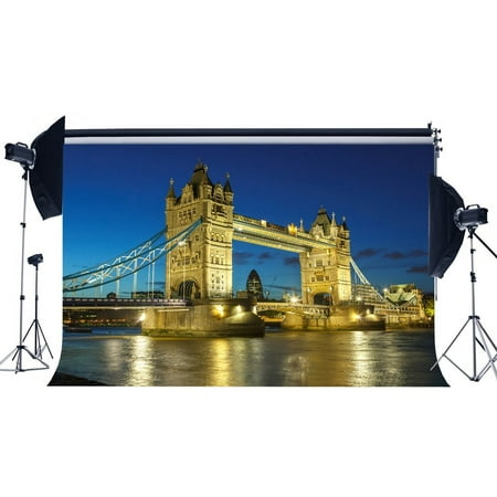 HelloDecor Polyster 7x5ft Photography Backdrop Triumphal Arch Tower Bridge Shining Lights River Blue Sky Nature Night View Wedding Backdrops for Baby Girl Lover Portraits Background Photo Studio