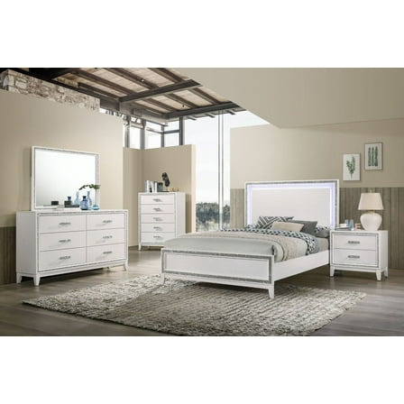 Modern Bedroom 6pc Set White Queen Panel LED Bed Nightstands Dresser Mirror Chest Wooden Furniture