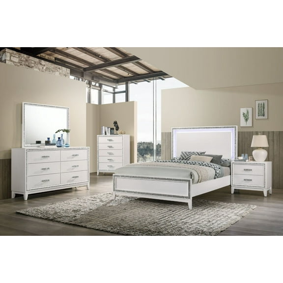Modern Bedroom 6pc Set White King Panel LED Bed Nightstands Dresser Mirror Chest Wooden Furniture