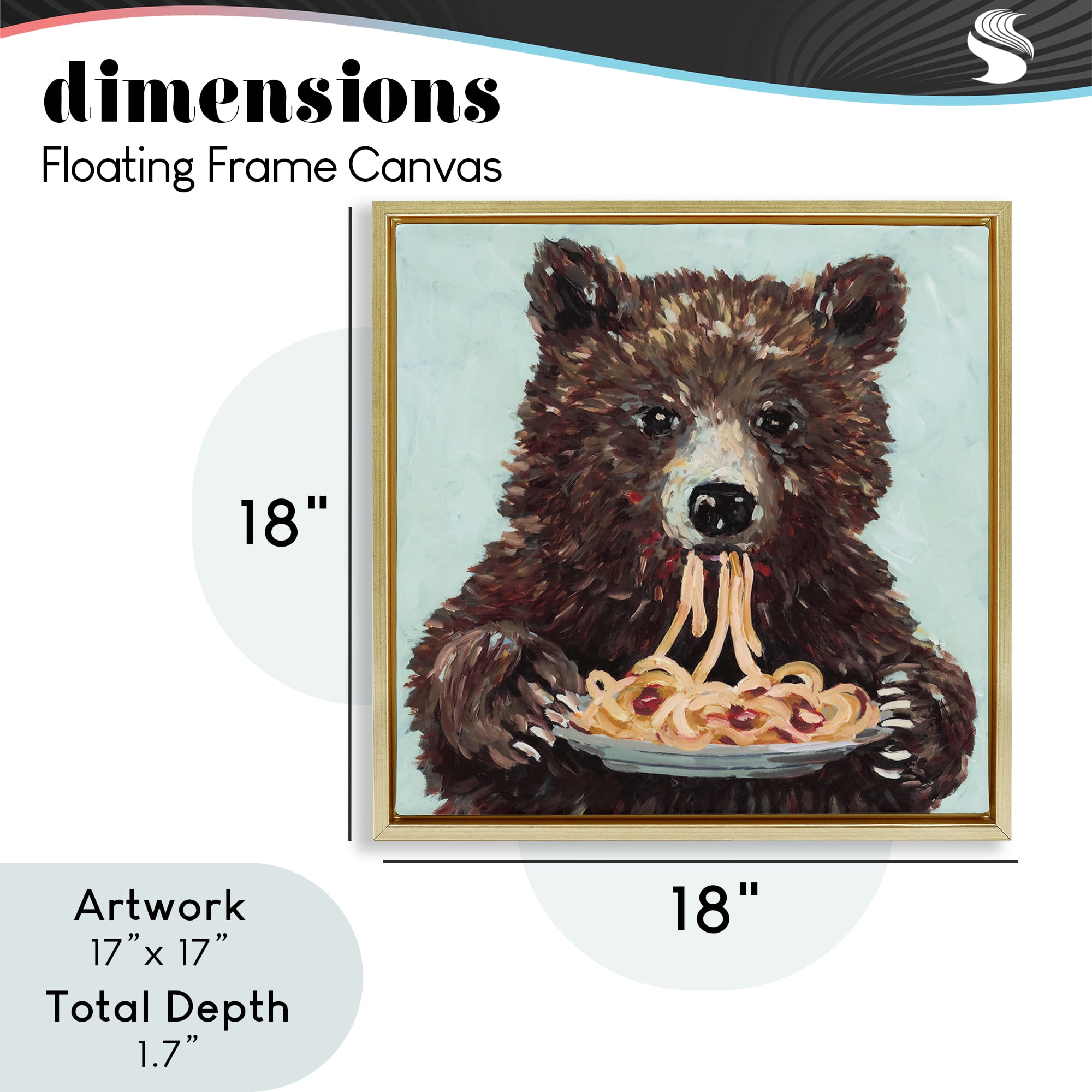 Whimsical Bear & Spaghetti Gold Framed Floater Canvas Wall Art, design by Studio Bautista