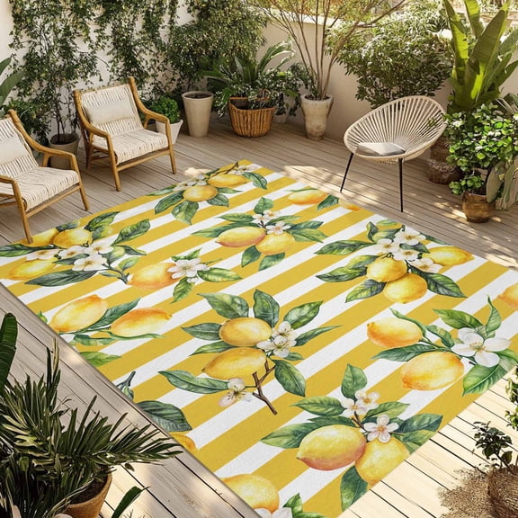 Lemon Leaves Outdoor Rug 6x9 Ft - Reversible Patio Rug Outdoor Camping Rugs, Yellow Vertical Stripes Spring Flowers Washable Indoor Outdoor Area Rugs, Non-Slip Outdoor Carpet Runner for Deck/Porch