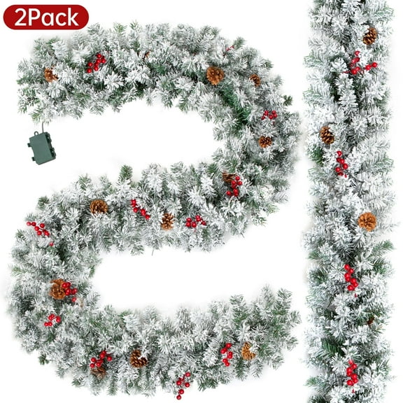 2Pack 9 ft Pre-Lit Christmas Garland, Snowy Flocked Garland Decorated for Outdoor Indoor Fireplace Mantel Door Railing Christmas Tree Xmas Holiday